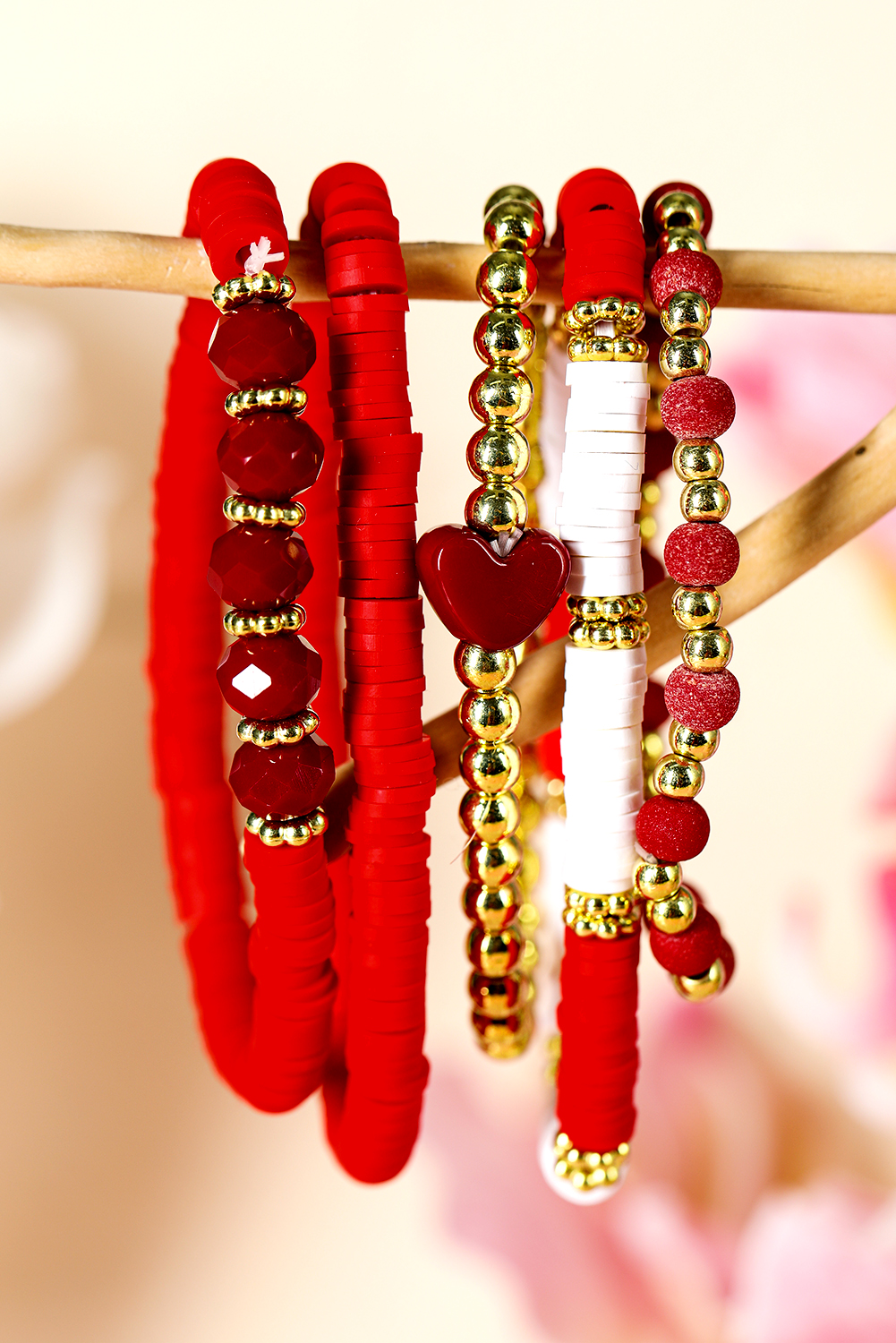 Fiery Red Heart Beaded Multi Layered Elastic Bracelet Set - loveforevers
