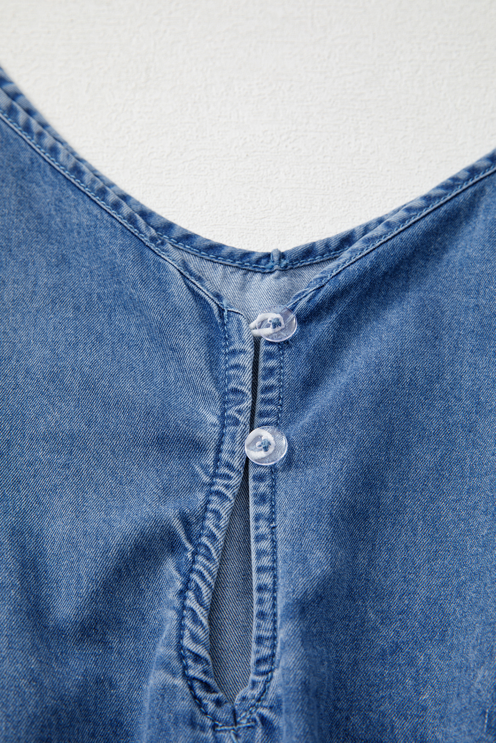 Ashleigh Blue Spaghetti Straps V Neck Belted Ruffled Leg Chambray Romper - loveforevers