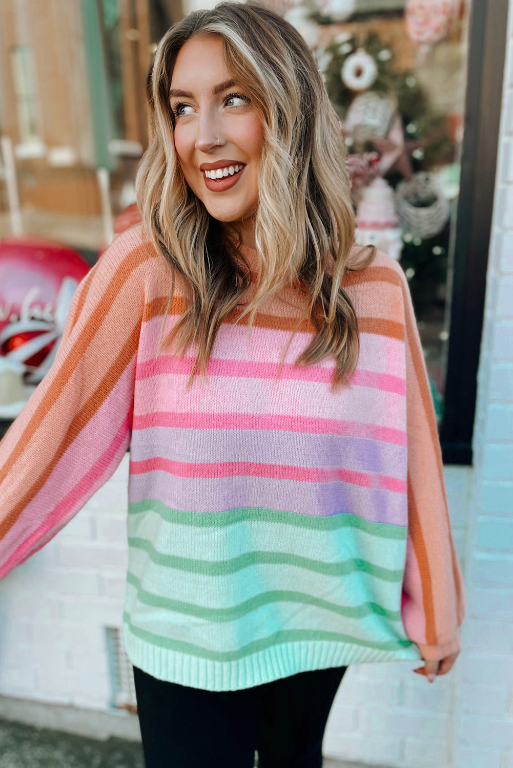 Yellow Stripe Gradient Striped Ribbed Edge Loose Sweater - loveforevers