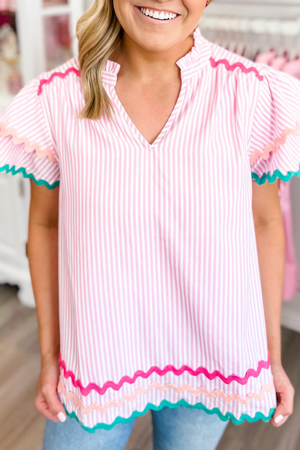 Sky Blue Stripe Ricrac Trim Split Neck Striped Ruffled Sleeve Blouse - loveforevers