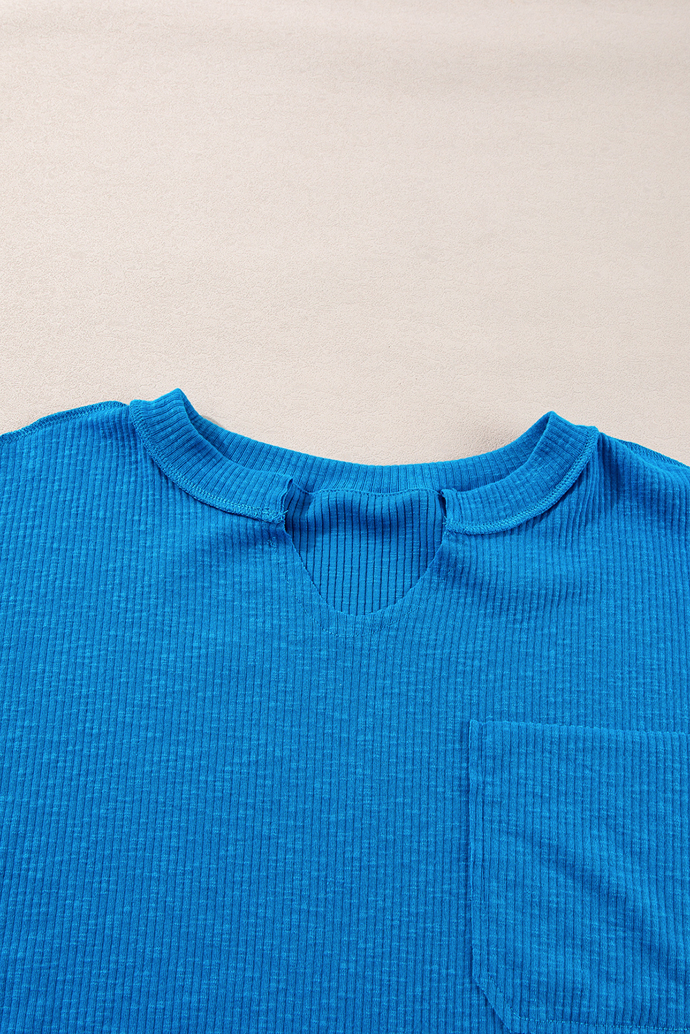 Blue Ribbed Exposed Seam Knit V Neck Long Sleeve Top - loveforevers