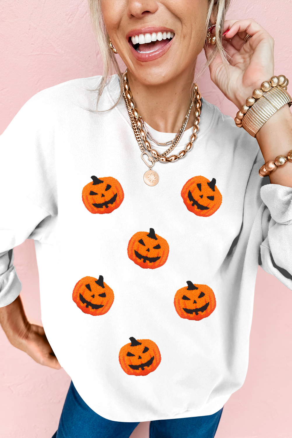 White Pumpkin Face Patched Pattern Halloween Crew Neck Sweatshirt - loveforevers