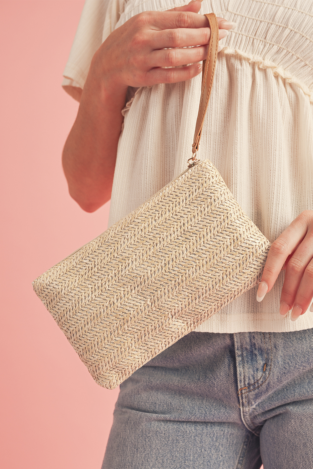 Oatmeal Straw Woven Wrist Strap Zipper Large Wallet - loveforevers
