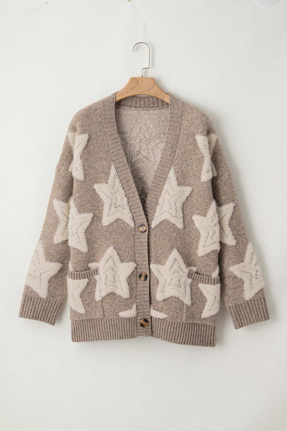 Khaki Sherpa Star Pattern Textured Sweater Cardigan with Pockets - loveforevers