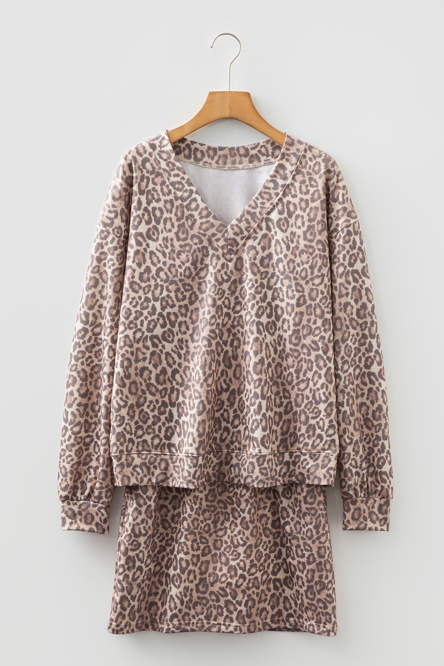 Light French Beige Leopard Print V Neck Pullover Mini Skirt 2pcs Set - loveforevers