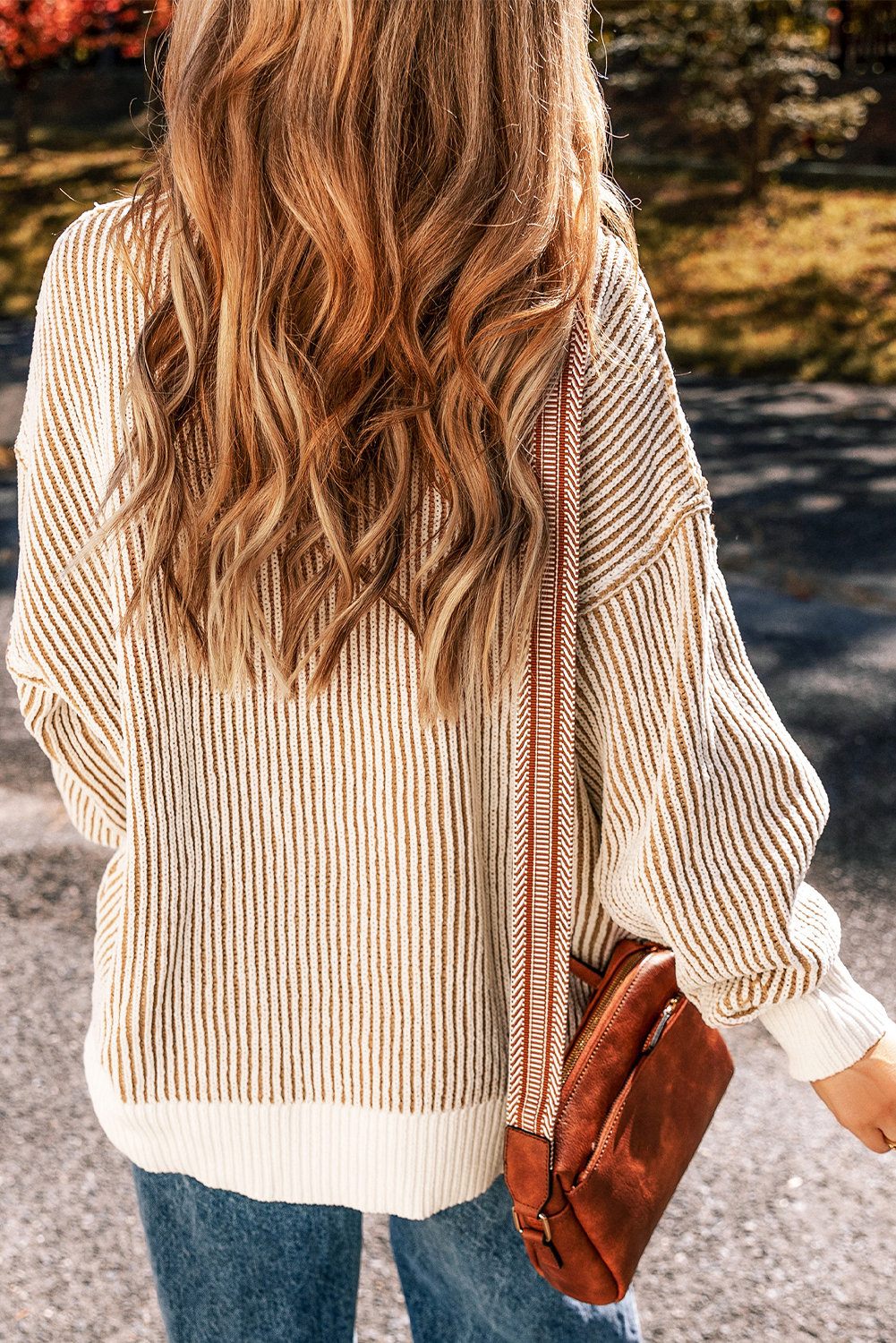 Bright Pink Striped Textured Knit Contrast Edge Loose Sweater - loveforevers