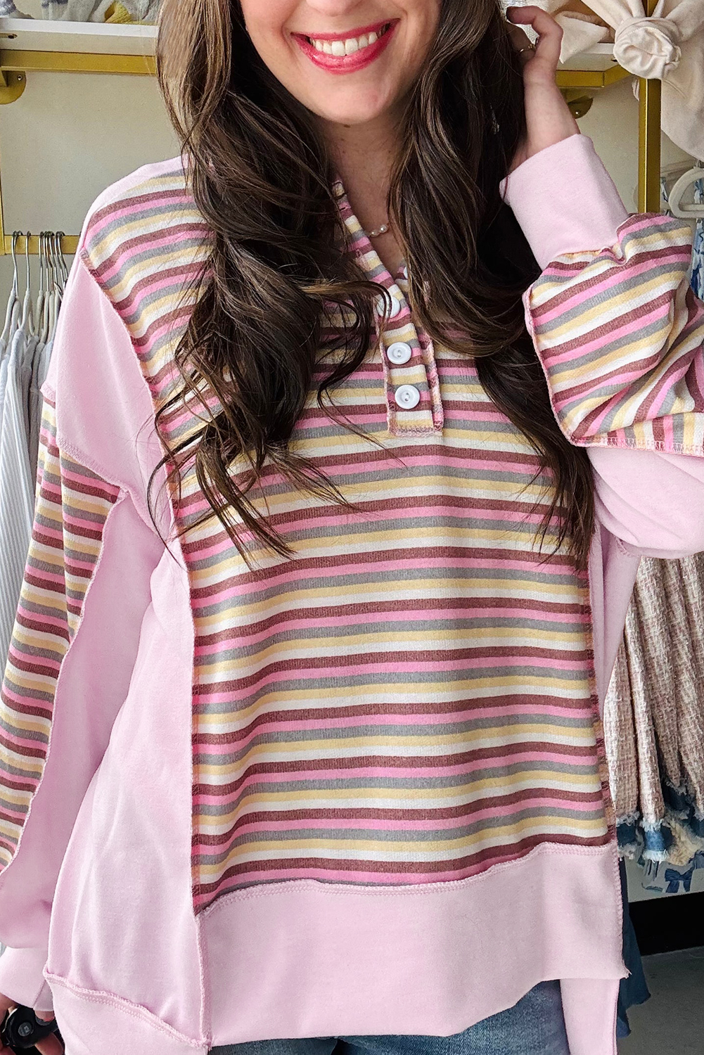 Pink Exposed Seam Color Block Striped Patchwork Loose Henley Sweatshirt - loveforevers