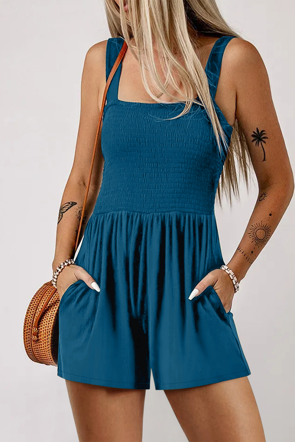 Blue Casual Pocketed Smocked Sleeveless Romper - loveforevers
