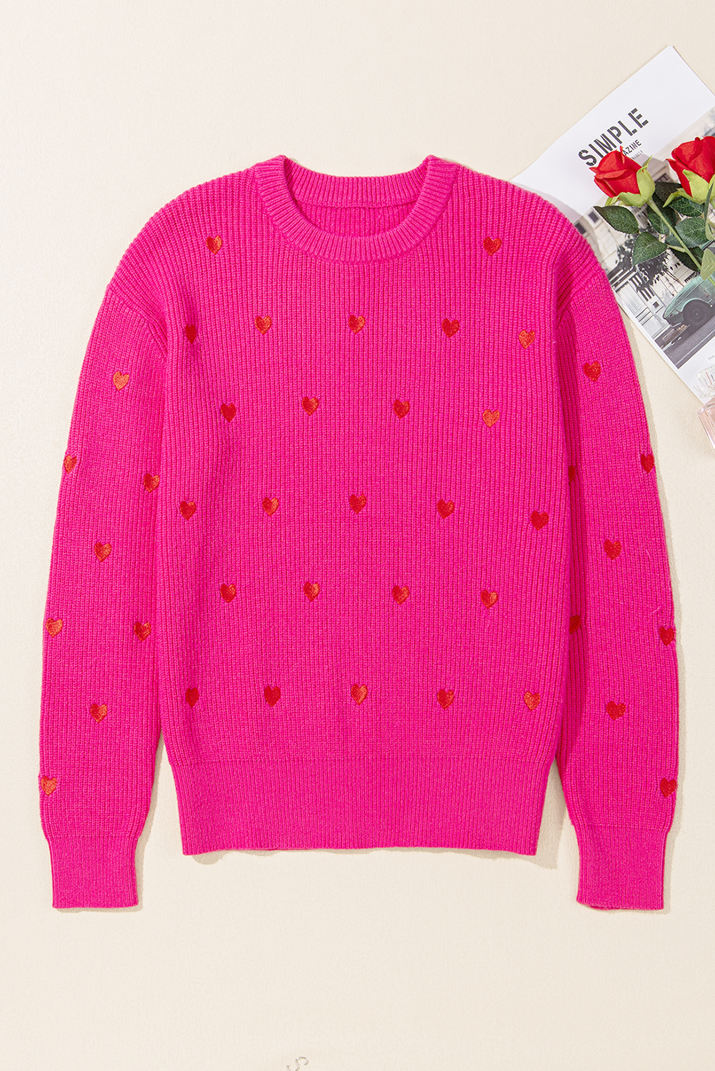 Rose Red Heart Shape Drop Shoulder Round Neck Sweater - loveforevers