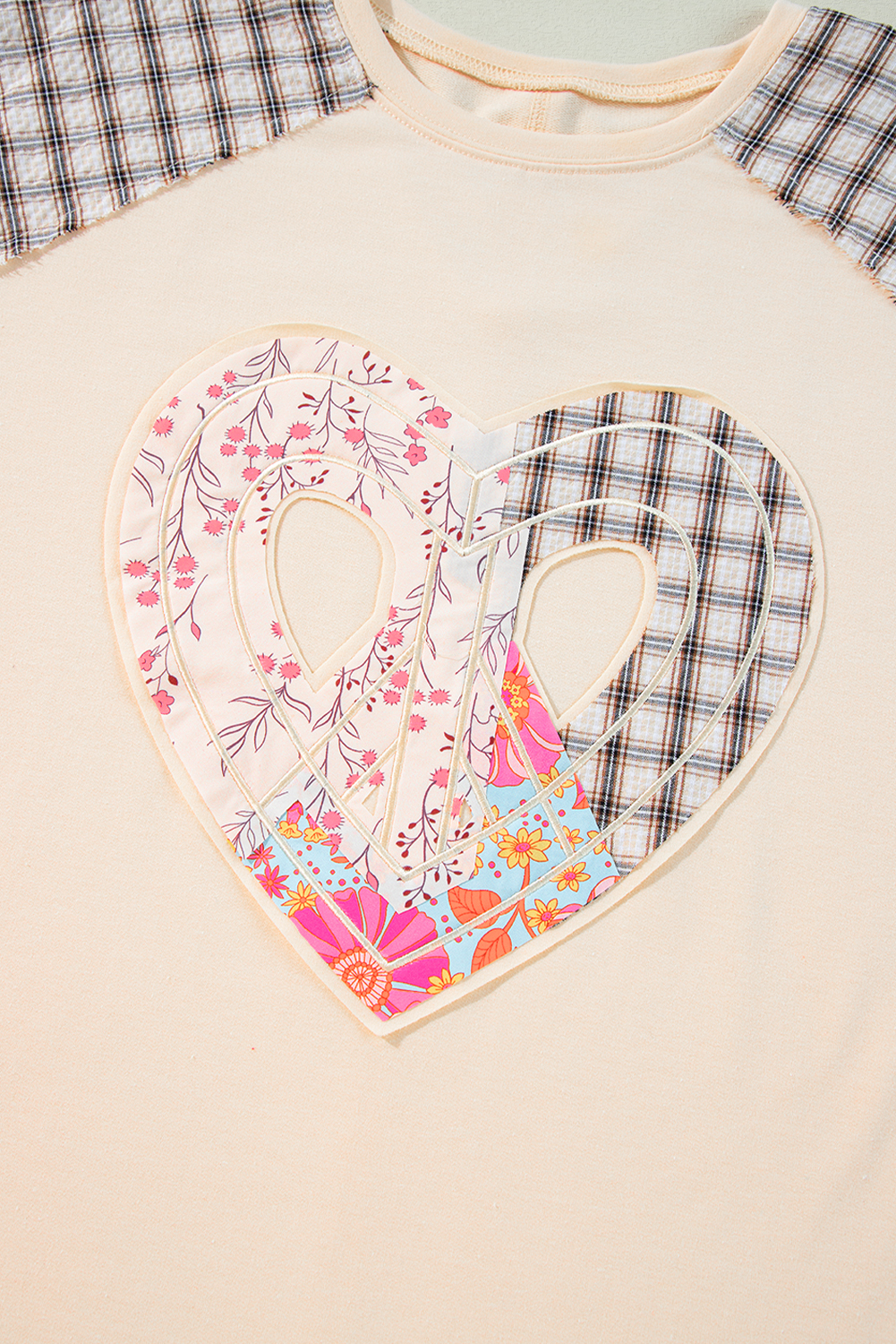 Beige Flower Patch Graphic Exposed Seam Wide Sleeve Top - loveforevers