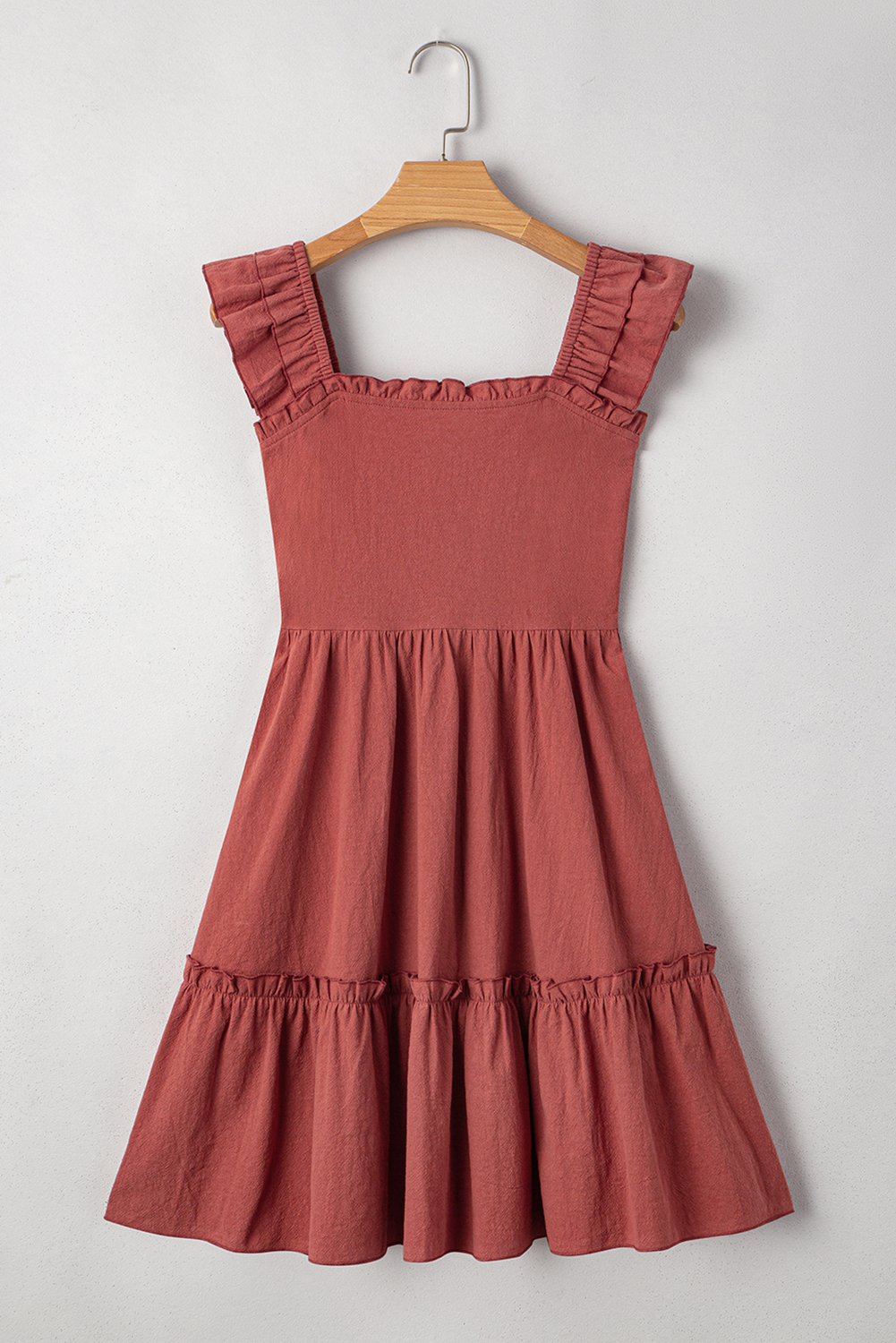 Red Sandalwood Geometric Stitch Shirred Bodice Ruffled Trim Sleeveless Mini Dress - loveforevers