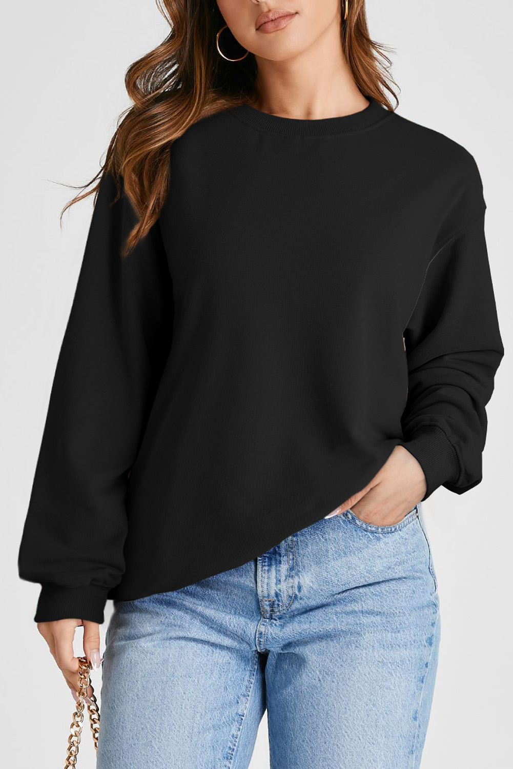Navy Blue Plain Drop Shoulder Crewneck Pullover Sweatshirt - loveforevers