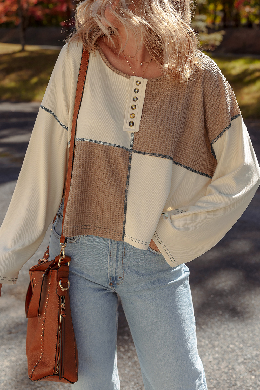 Beige Color Block Waffle Knit Stitch Detail Long Sleeve Top - loveforevers
