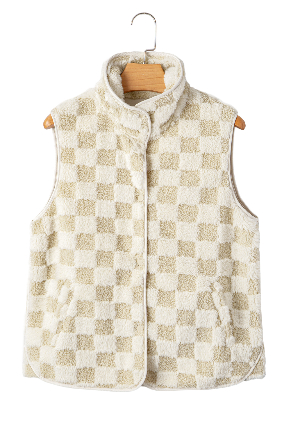 Khaki Sherpa Checkerboard Snap Button Vest Jacket With Pocket - loveforevers