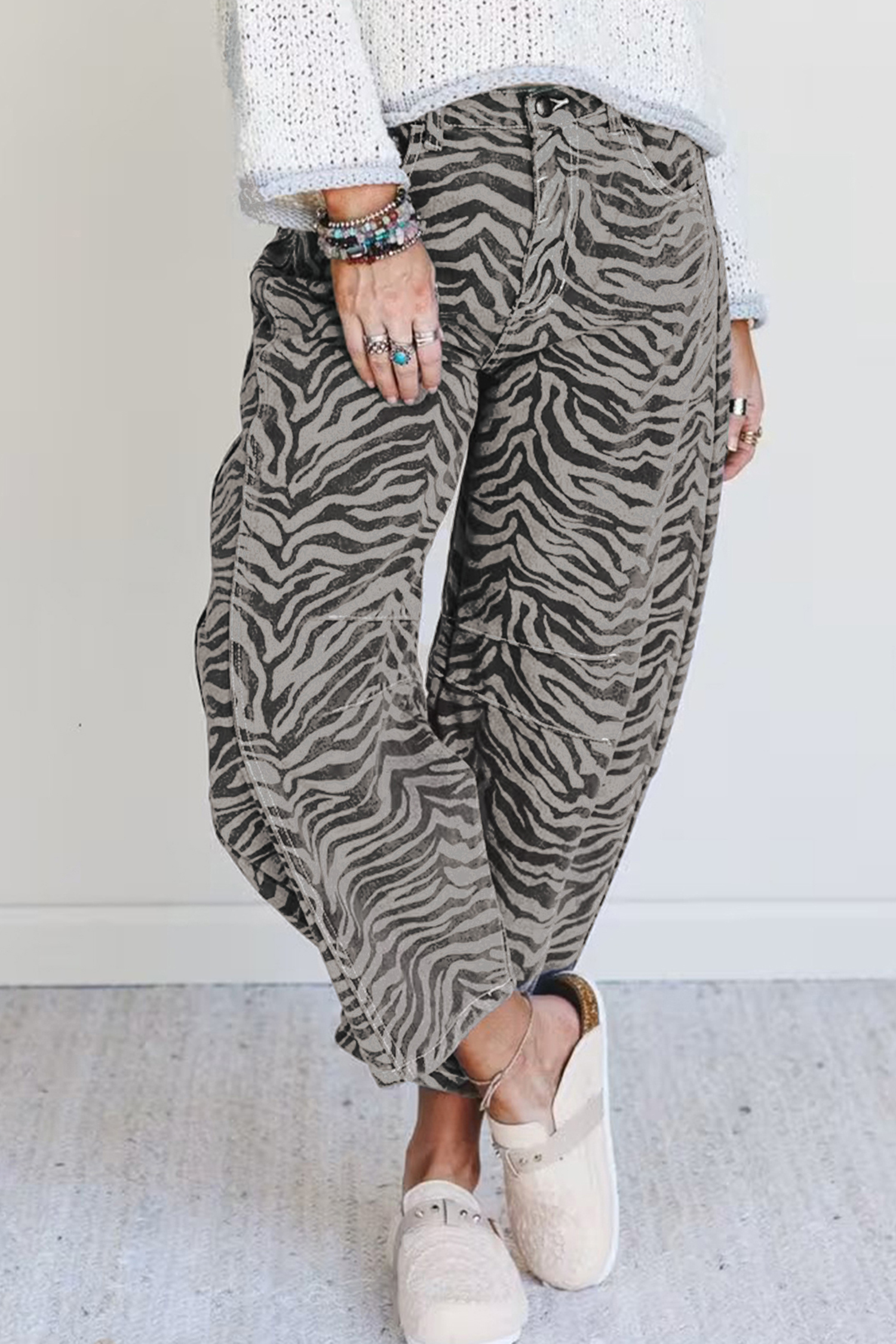 Gray Zebra Stripe Printed Wide Leg Jeans - loveforevers