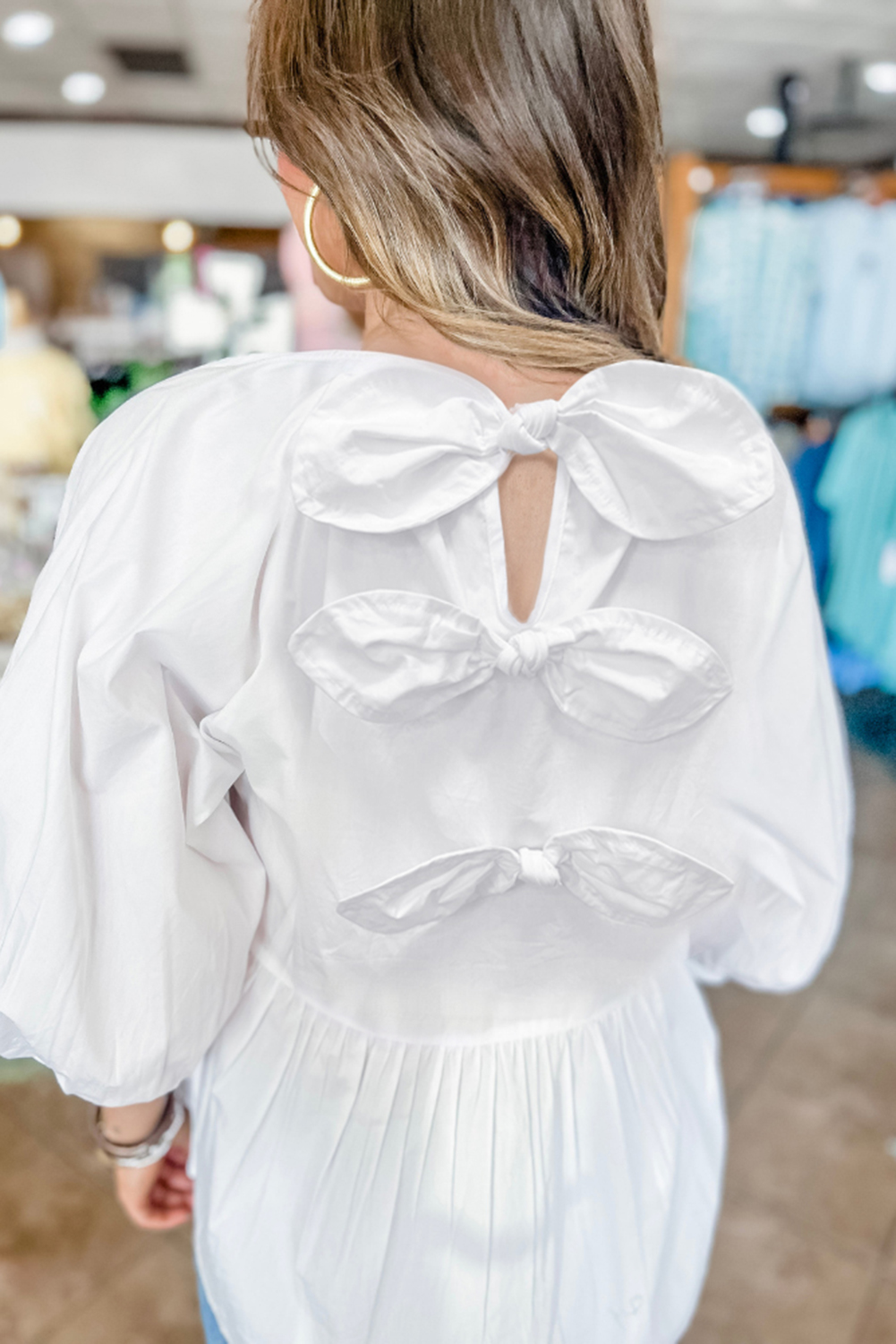 White Bow Knot Cutout Back Loose Fit 3/4 Sleeve Blouse - loveforevers