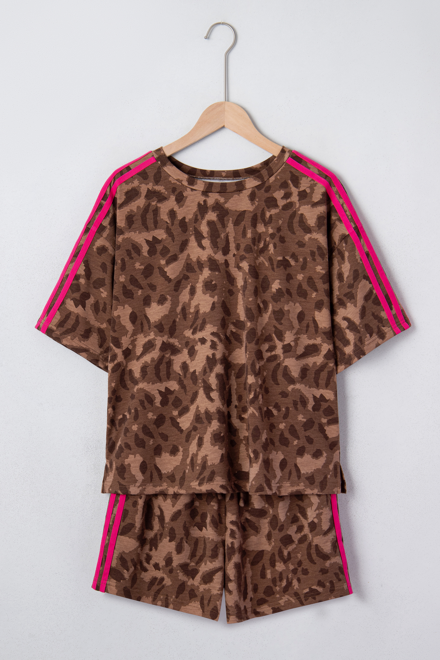 Brown Leopard Loose Tee Drawstring Waist Barrel Pants Set - loveforevers