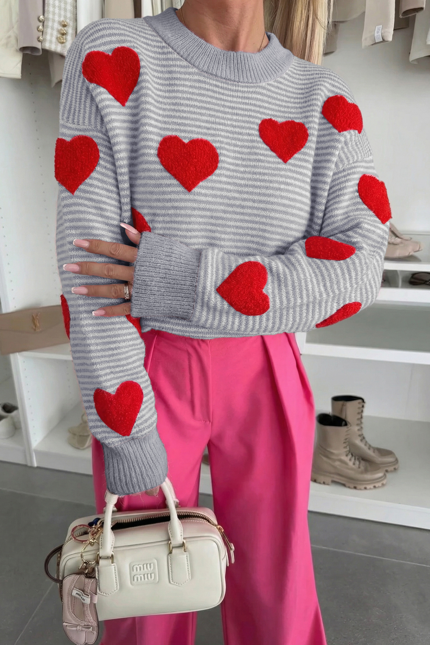 Gray Stripe Contrast Heart Pattern Valentine Knit Sweater - loveforevers