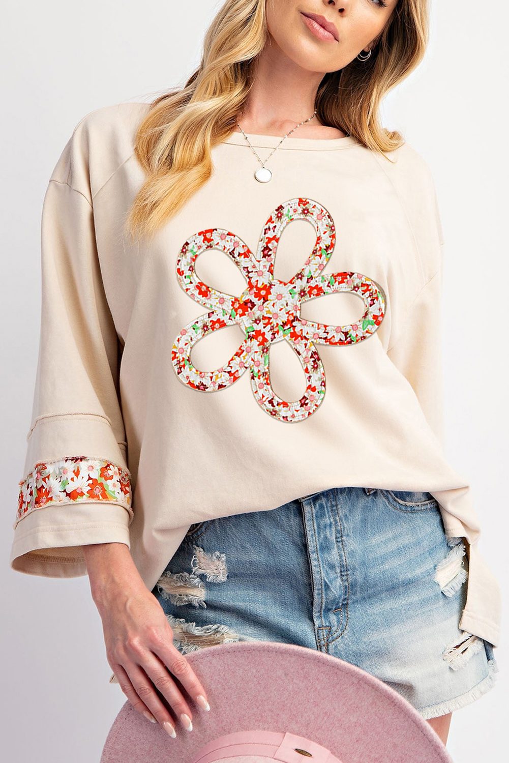 Beige Flower Patch Graphic Exposed Seam Wide Sleeve Top - loveforevers