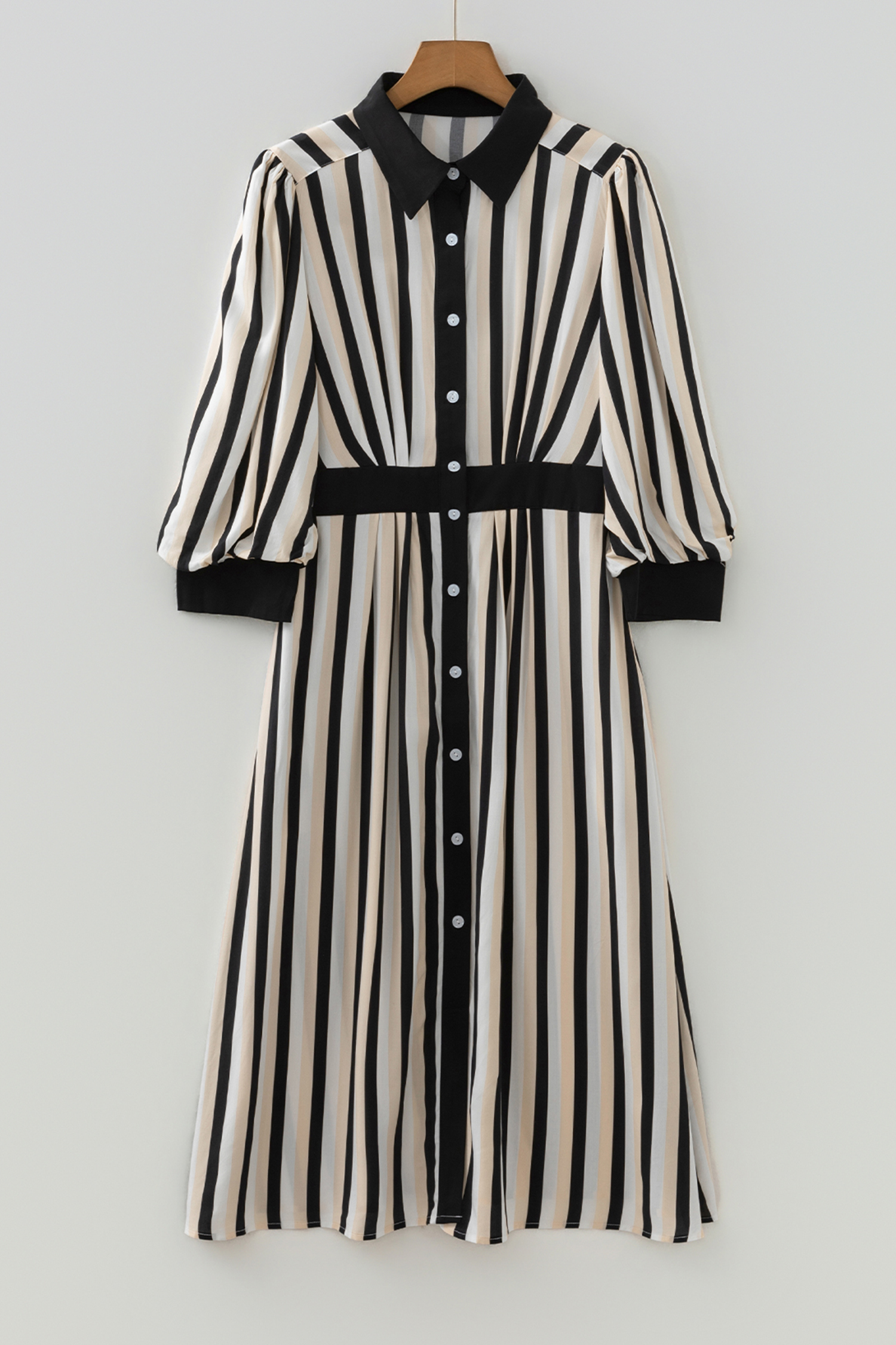 Black Stripe 3/4 Puff Sleeve Shirt Style Button Down Midi Dress - loveforevers