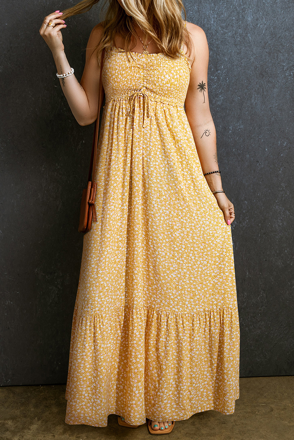Yellow Frilly Smocked High Waist Floral Maxi Dress - loveforevers