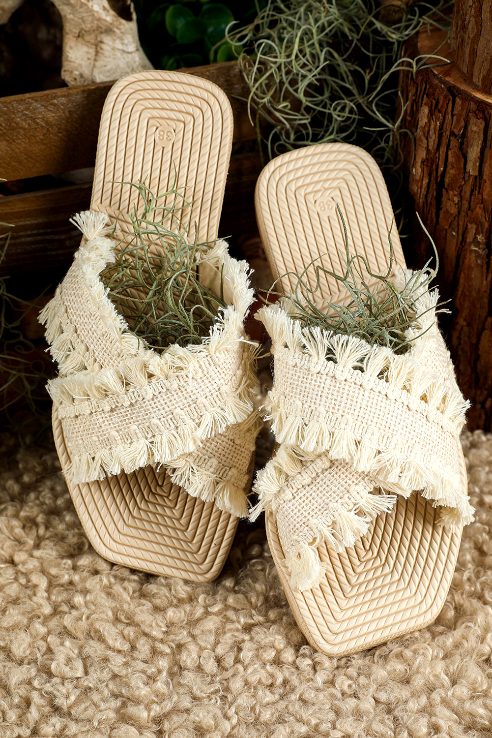 Beige Tassel Woven Crossed Straps Flat Slippers - loveforevers