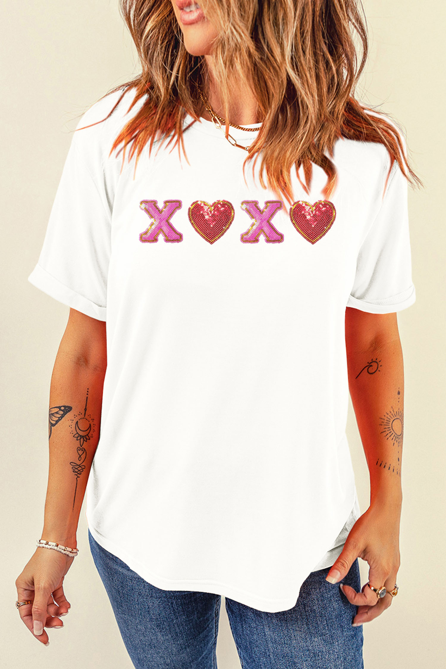 White XOXO Sequin Heart Patched Valentines Day Cuffed T Shirt - loveforevers
