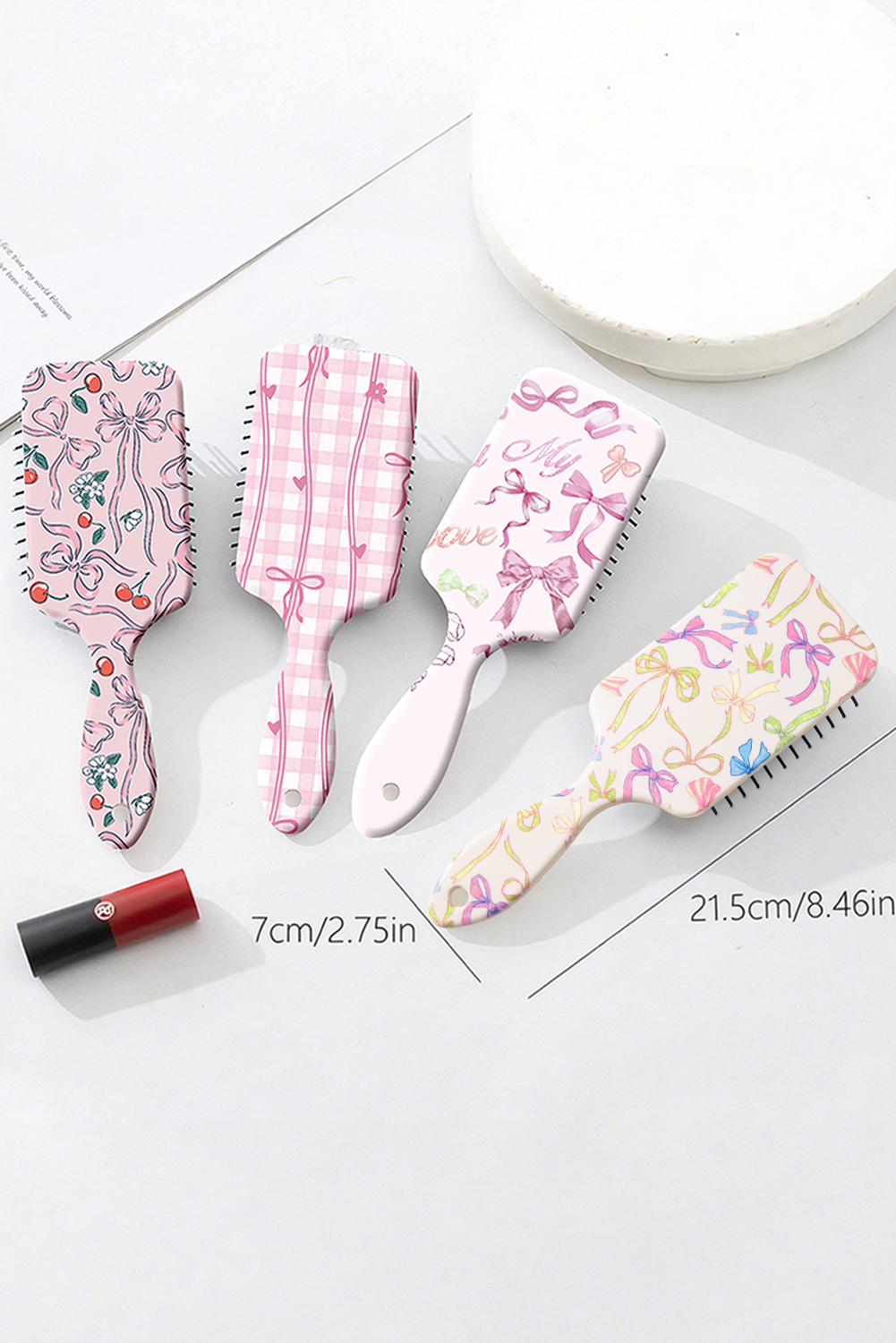 White Multi Ribbon Bow Print Air Cushion Comb - loveforevers