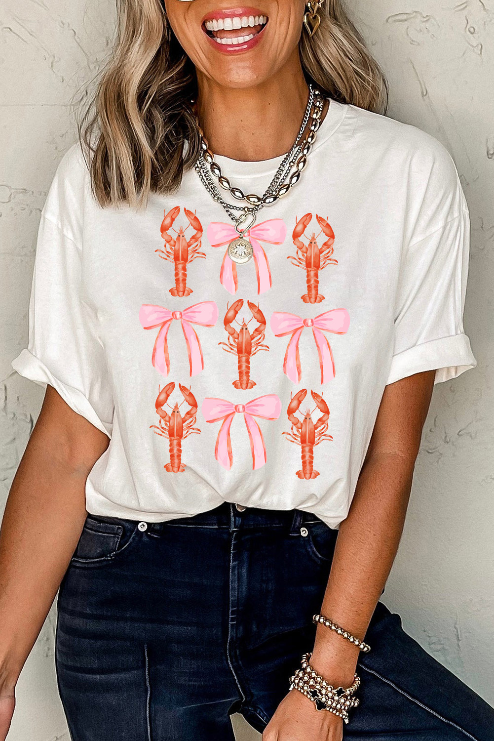 White Crawfish Bow Printed Summer T Shirt - loveforevers
