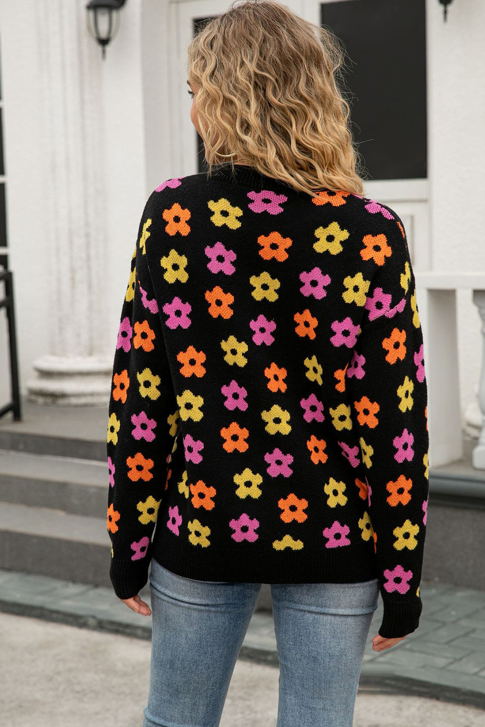 Apricot Cute Flower Allover Ribbed Trimmed Drop Shoulder Pullover Sweater - loveforevers