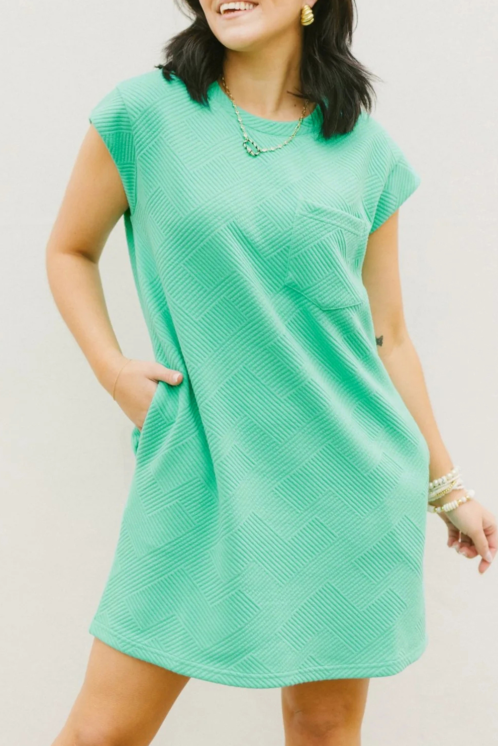 Mint Green Textured Cap Sleeve T Shirt Dress - loveforevers