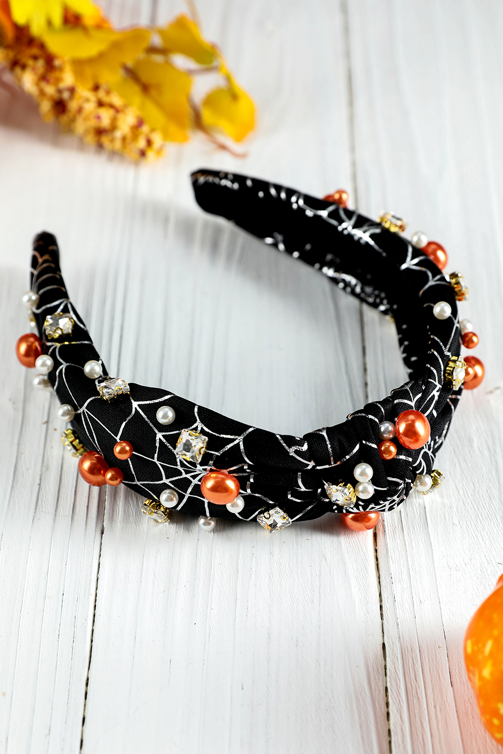 Black Pearled Rhinestone Knotted Spiderweb Halloween Headband - loveforevers