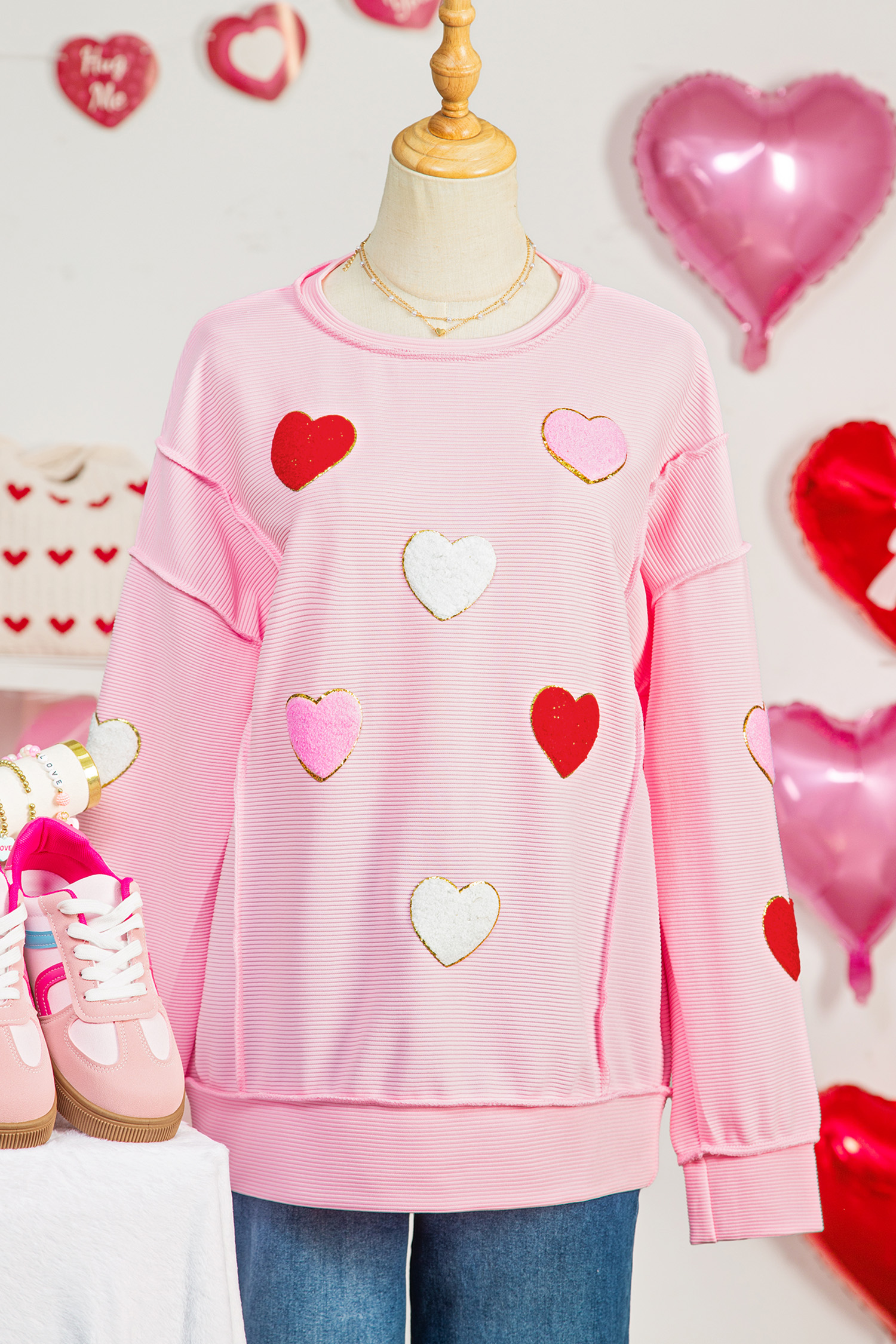 Pink Ribbed Texture Chenille Heart Glitter Trim Patched Long Sleeve Top - loveforevers