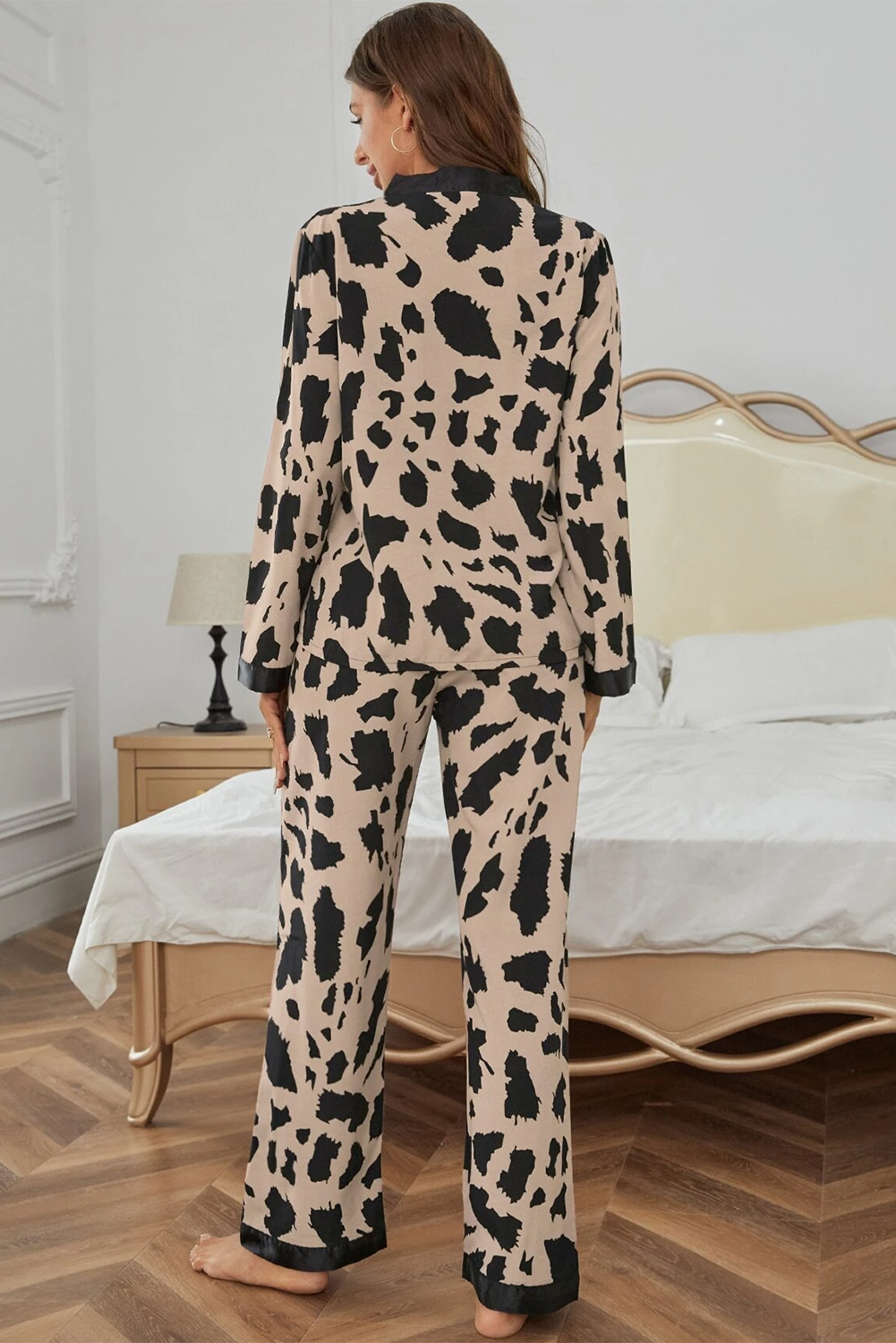 Khaki Cheetah Contrast Trim Loose Fit Two Piece Sleepwear - loveforevers