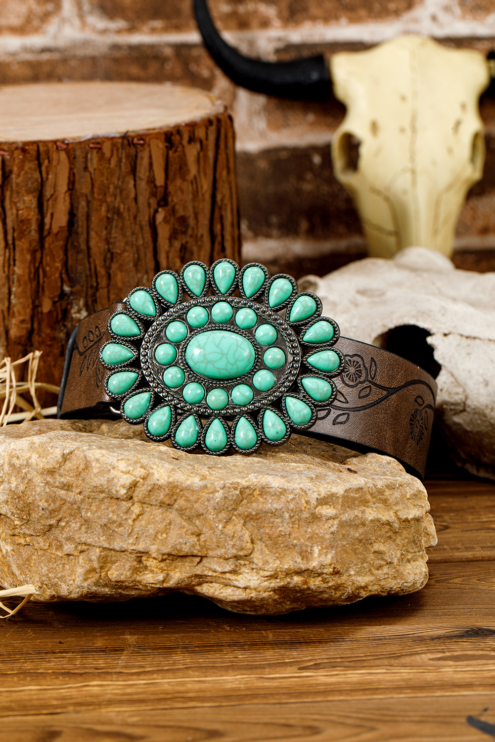 Chestnut Turquoise Gem Stone Western Fashion Faux Leather Belt - loveforevers