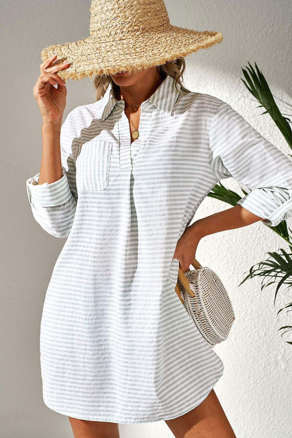 White Stripe Collared V Neck Chest Pocket Long Sleeve Beach Cover up - loveforevers