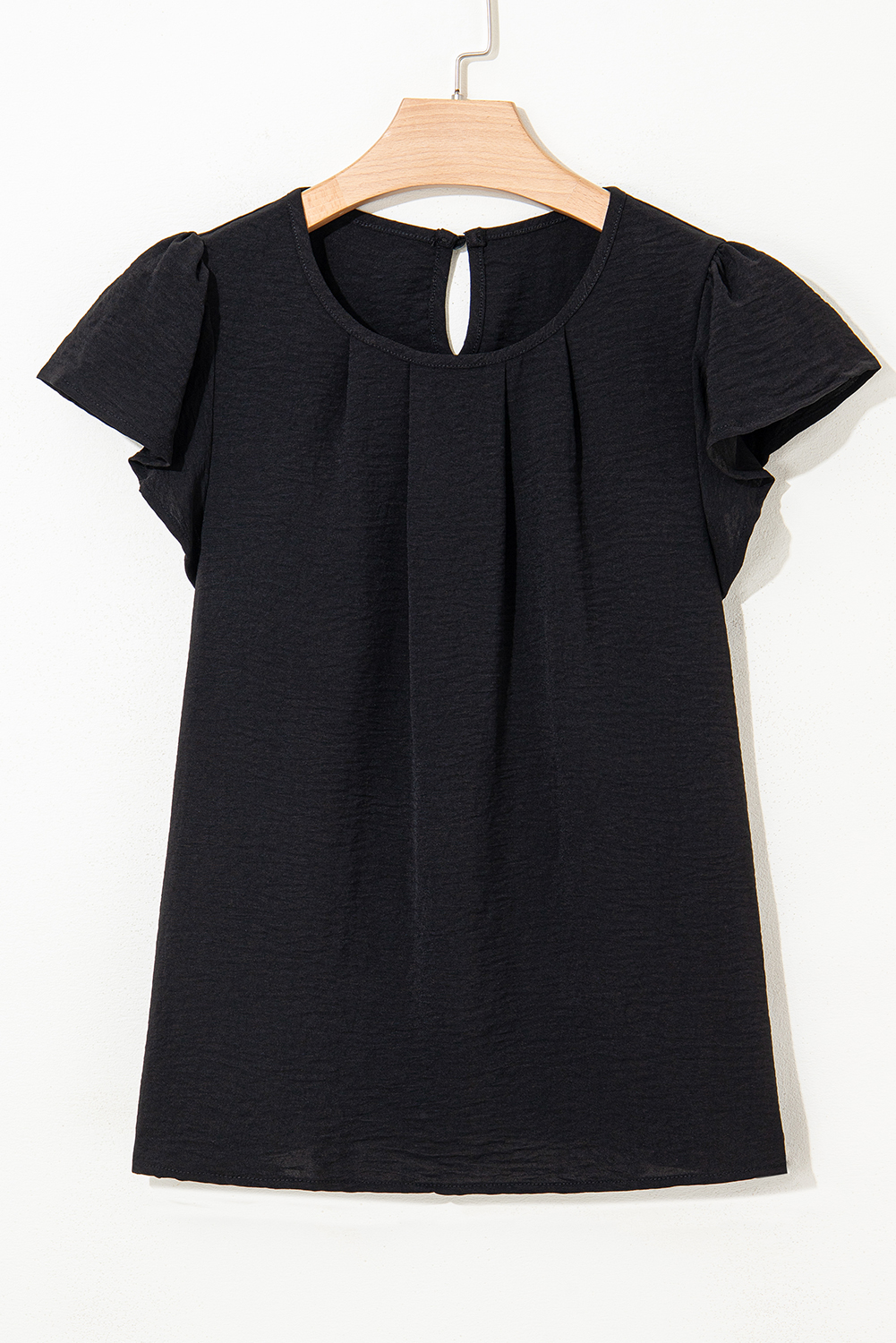 Black Flounce Sleeve Pleated Textured Blouse - loveforevers