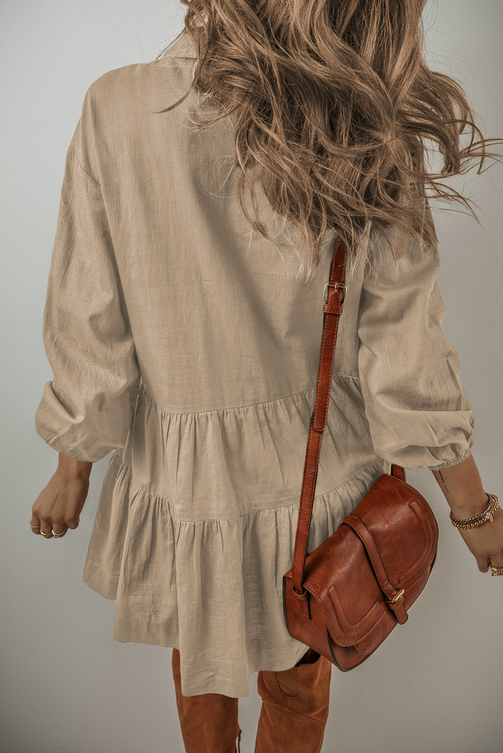 Jungle Green Puff Sleeve Buttoned Tiered Pleated Shirt Mini Dress - loveforevers