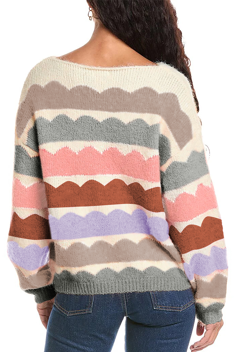 Rose Red Wave Striped Balloon Sleeve Drop Shoulder Sweater - loveforevers