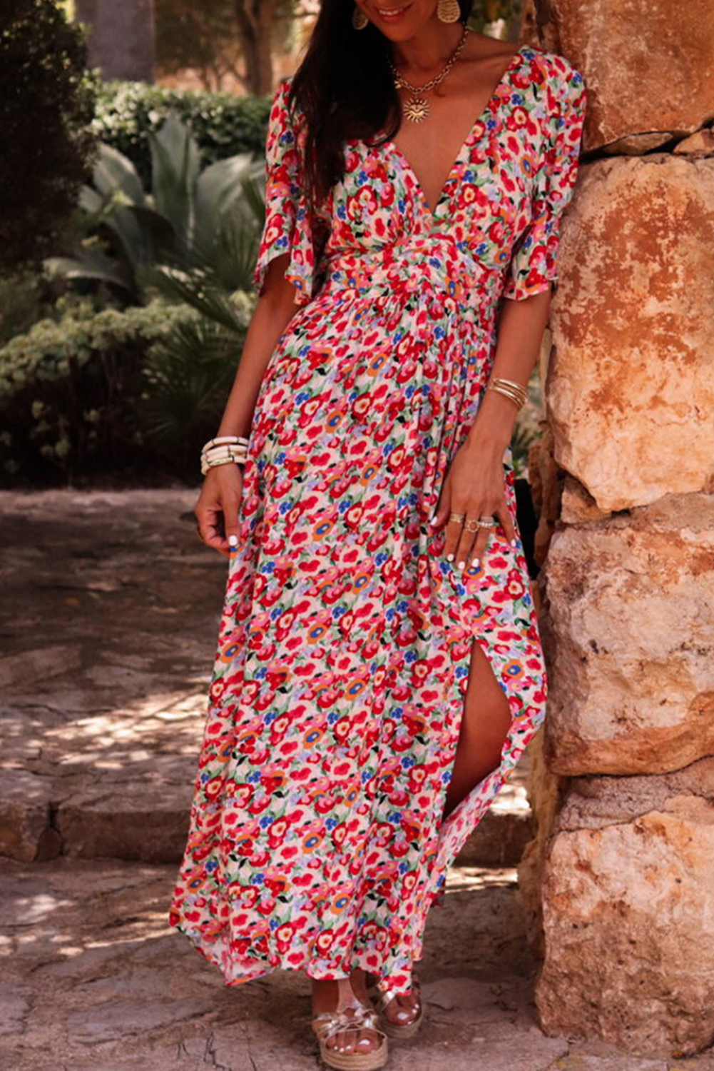 Red Floral Half Sleeve Deep V Neck Cutout Back Split Maxi Dress - loveforevers