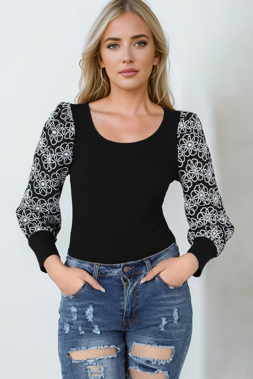 Black Flower Puff Sleeve Ribbed Knit Top - loveforevers