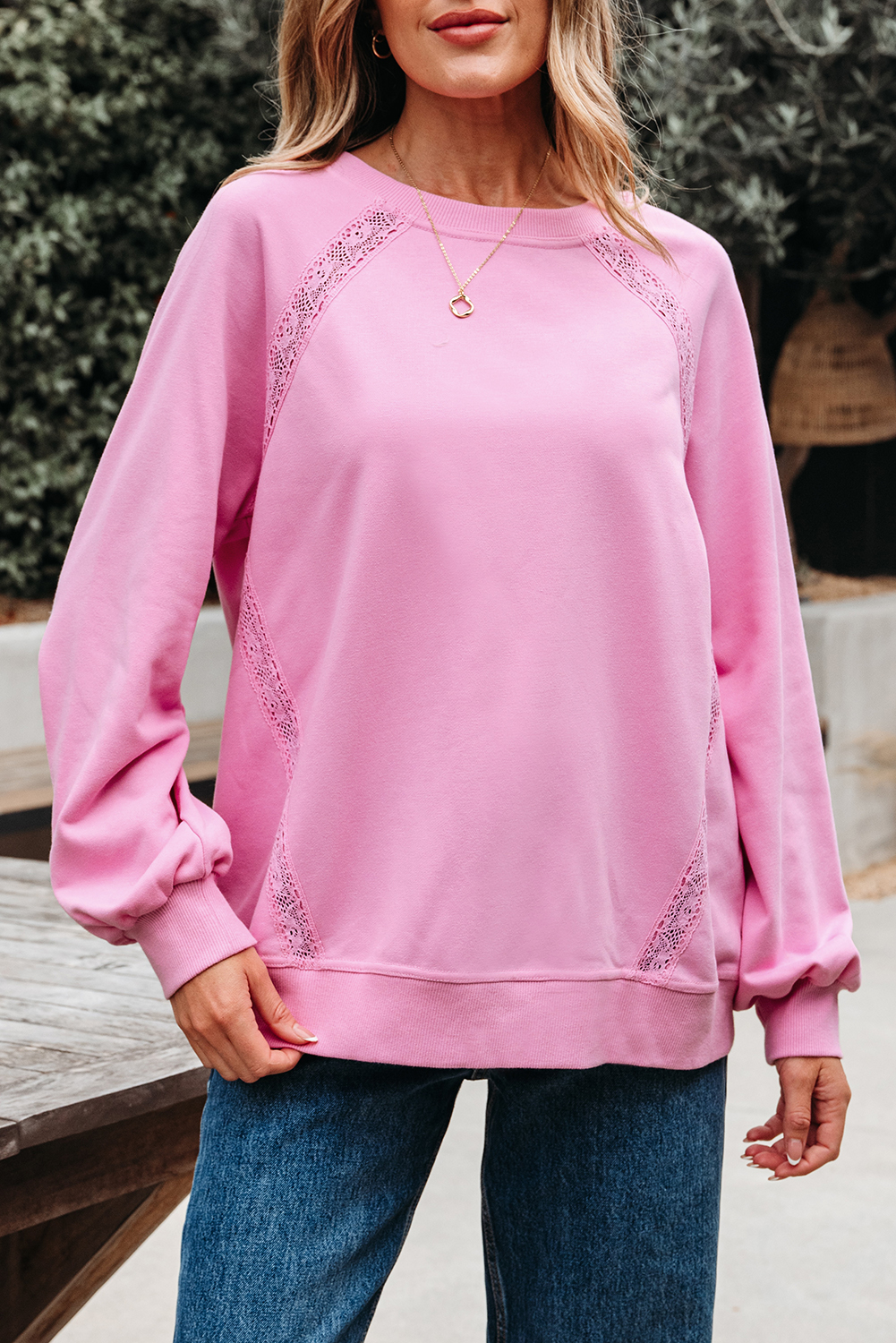 Bright Pink Lace Patched Raglan Sleeve Loose Fit Sweatshirt - loveforevers