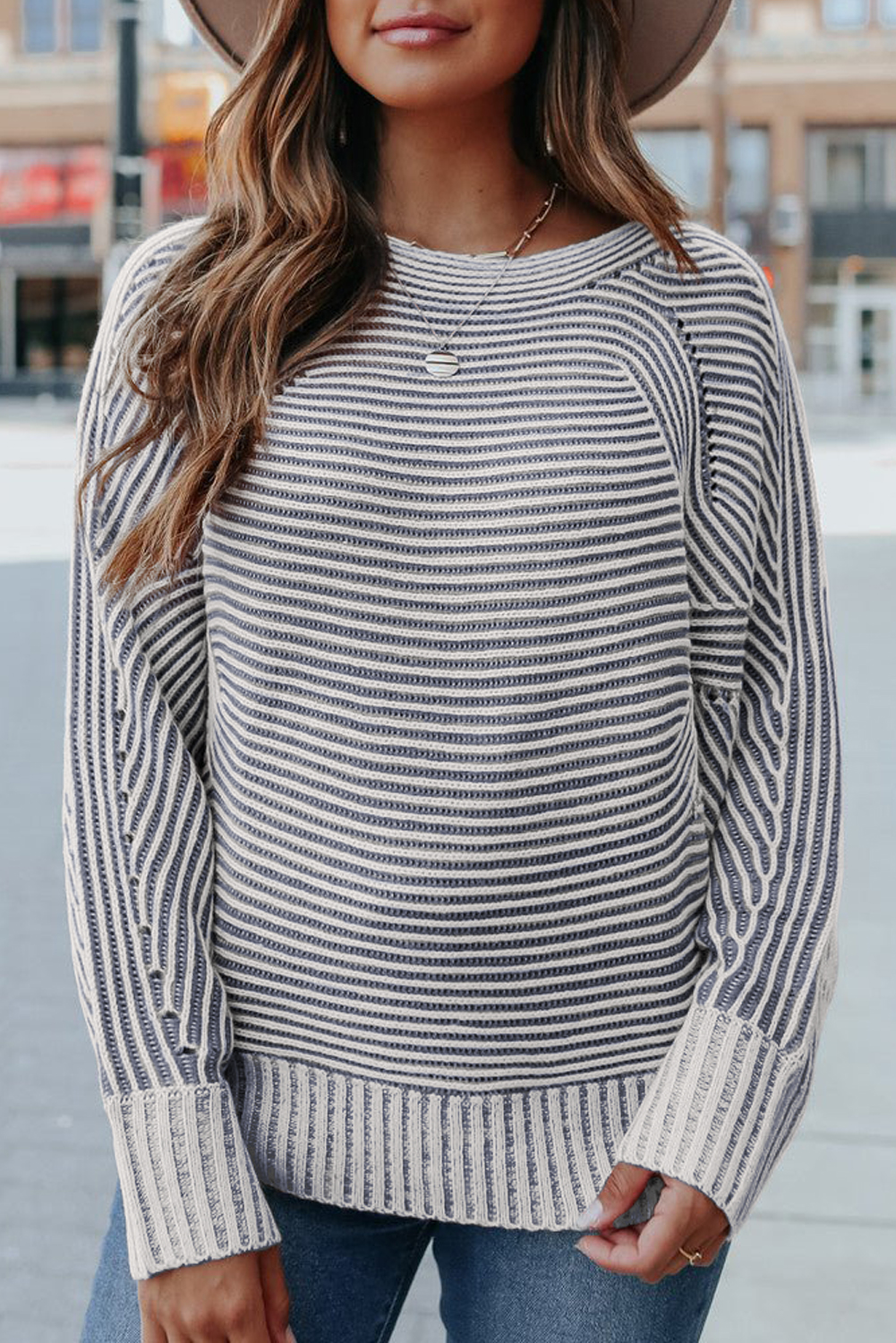 Coffee Striped Print Ribbed Knit Boat Neck Baggy Sweater - loveforevers