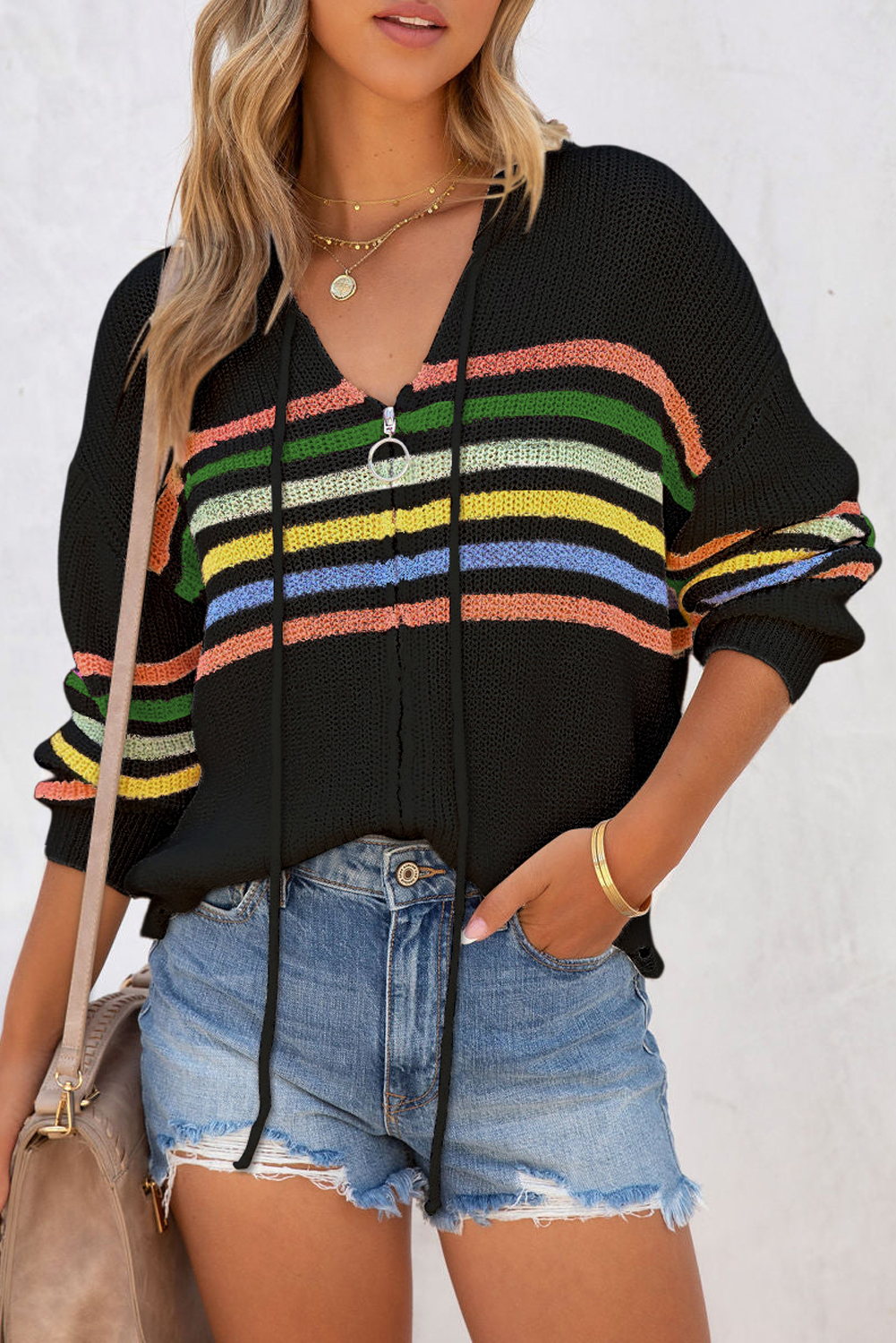 Black Striped Detail Zip Up Hooded Sweater Cardigan - loveforevers