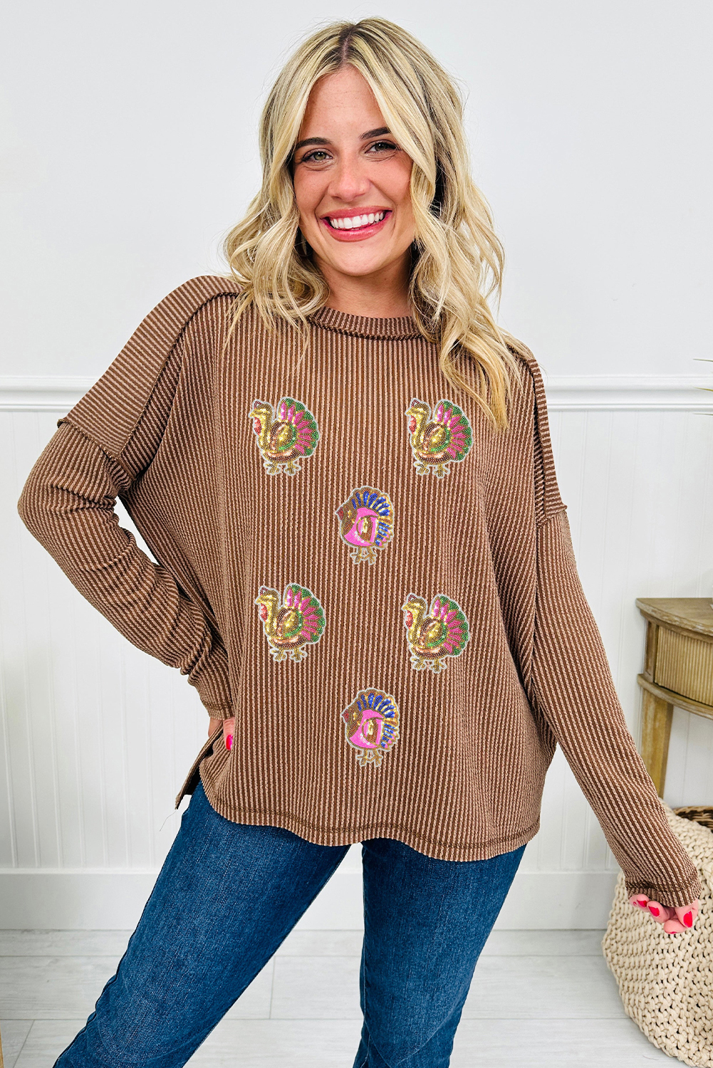 Dark Khaki Sequin Thanksgiving Turkey Patched Twisted Ribbed Exposed Seam Drop Shoulder Top - loveforevers