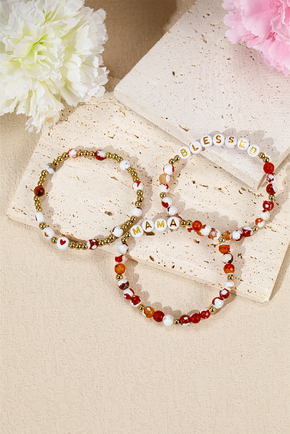 Gold MAMA Beaded Triple Layer Bracelet Set - loveforevers