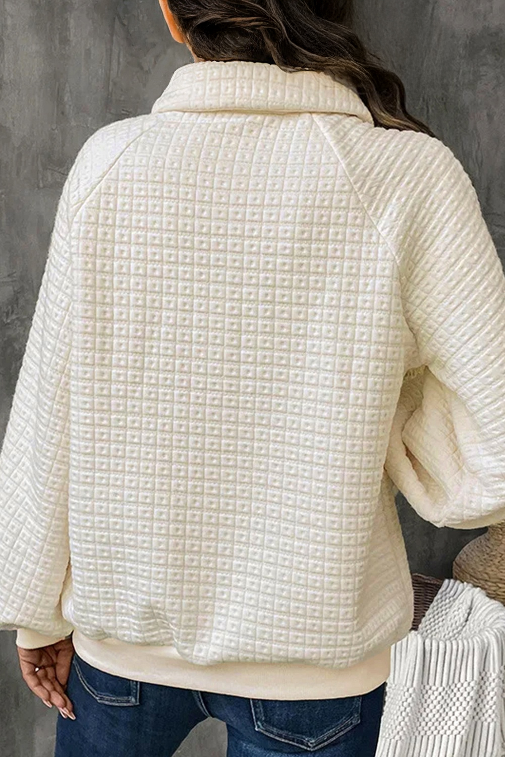 Beige Pineapple Textured Half Button Collared Sweatshirt - loveforevers