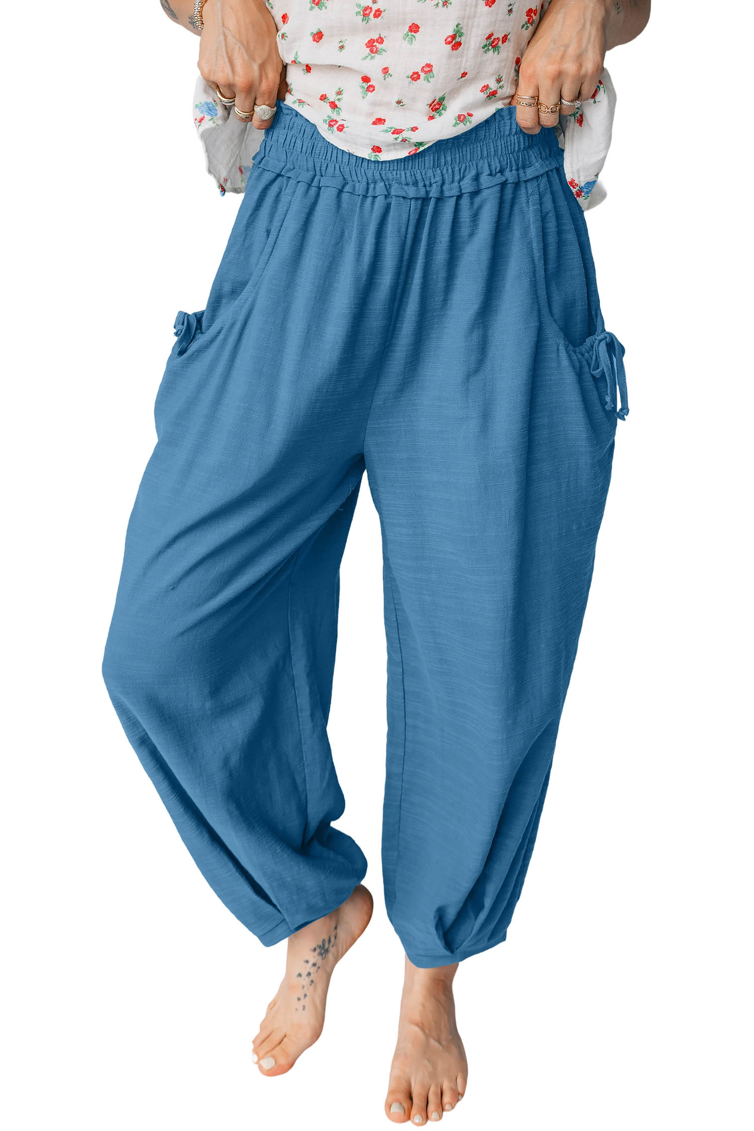 Prussian Blue Smocked Waist Casual Jogger Style Pants - loveforevers