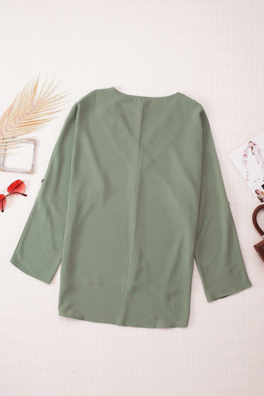 Green V Neck 3/4 Sleeve High Low Hem Shirt - loveforevers