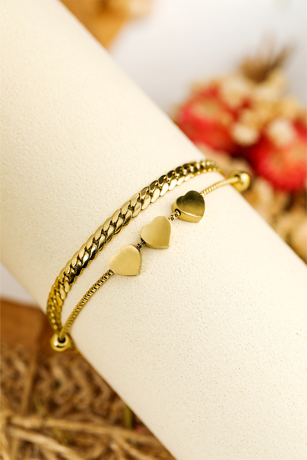 Gold Triple Heart Double Layer Adjustable Chain Bracelet - loveforevers
